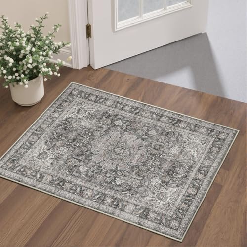 2x3 Washable Black Grey Vintage Area Rug for Entryway Non-Slip Low Pile Traditional Carpet Retro Distressed Vacuumable Door Mat Small Throw Rug for Entrance Bathroom