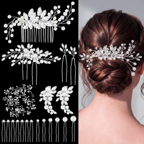 Maitys 44 Pcs Bride Hair Accessories Pearl Crystal Combs, Fresh Style