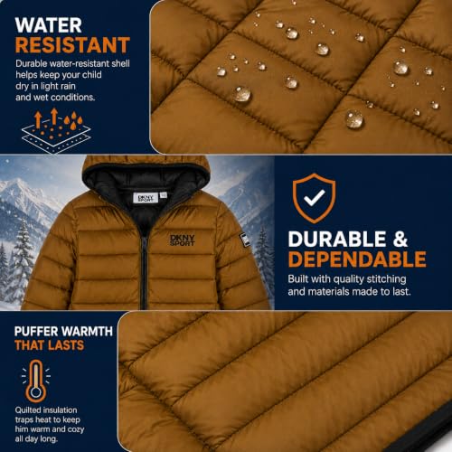 Image of DKNY Boys Winter Jacket, Midweight Puffer Coat, Weather Resistant, Hooded