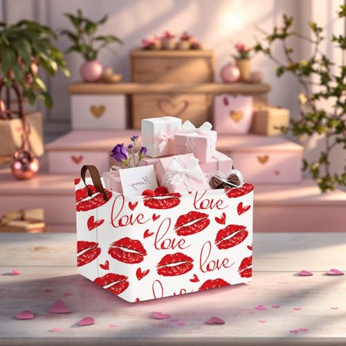 Image of Cute Heart Valentine's Day Basket Gifts Empty Storage Basket for Kid and Baby Room Decor (Love Red Lips)