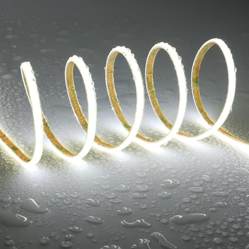 TOPAI 12V Thin 5mm COB LED Strip Waterproof 6000K Cool White 5M Bright 4000Lm CRI90 Uniform Dotless 400LEDs/M Self Adhesive Flexible Cuttable for DIY, Bedroom, Under Cabinet Lighting