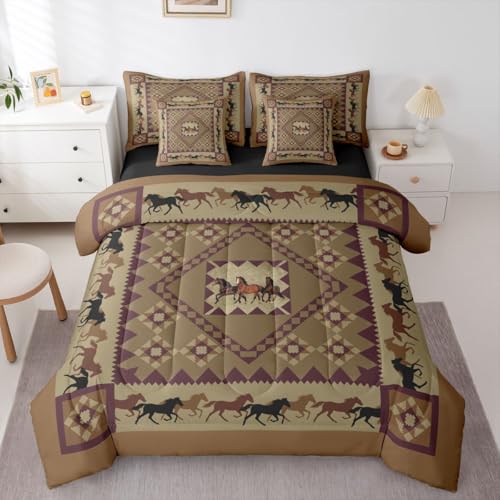 Image of Erosebridal Western Full Size Bed Sheets and Comforter Set | Vintage Tribal Horse 7-Piece Bedding Set Cowboys Gifts Geometric Aztec Bed in a Bag, Brown Diamond Checkered Buffalo Plaid Bed Sets