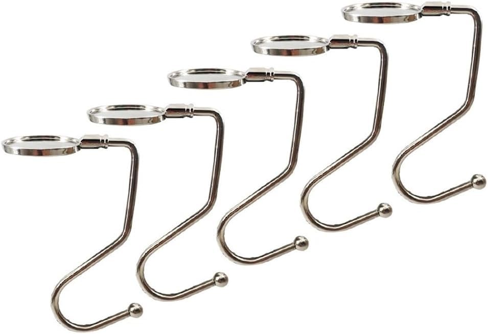 Kxiokod 5 Pack Purse Hook Hanger, Metal Hook Long Handbag Hanger for Table Desk,Portable Bag Holder Under Counter Handbags Hook