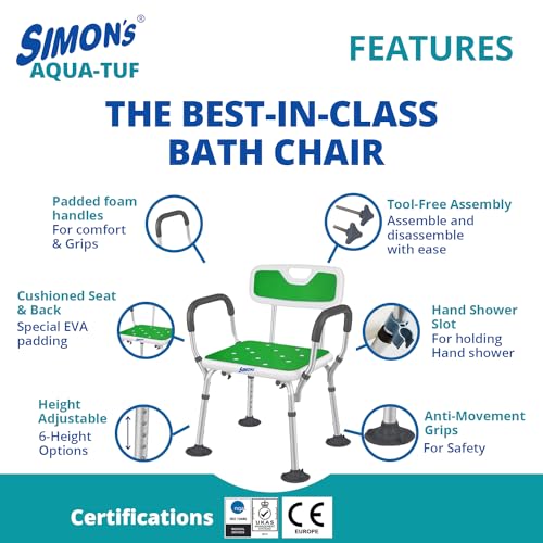Image of Simon's Aqua-TUF Heavy-Duty Bath Chair for Elderly, Senior Citizens to sit and take Bath, Shower Bench with Jumbo Suction Grips Base | Height Adjustable & Tool-Free Assembly - Green - Pack of 1