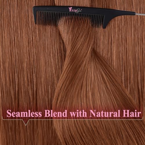 Image of YoungSee Human Hair Tape in Hair Extensions Copper 20 Inch Hair Extensions Tape in Copper Easy to Install Tape ins Human Hair Extension Colored Long Hair 20Pcs 50g