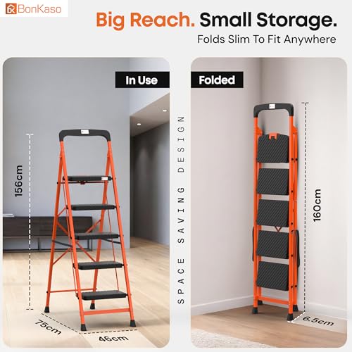 Image of BonKaso Climb Easy 5 Step Heavy Duty Steel Folding Climbing Ladder for Home, Home & Office - with Safety Lock, Anti-Slip Wide Steps, Support Handle & Tool Tray (Orange & Black)