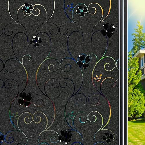 Qualsen Pellicola Oscurante Vetri Finestre Effetto Arcobaleno 30x120cm, Motivo Floreale 3D Pellicola per Vetri Finestre Nera Satinata Opaca Elettrostatica Pellicole Privacy Finestra per Casa Bagno