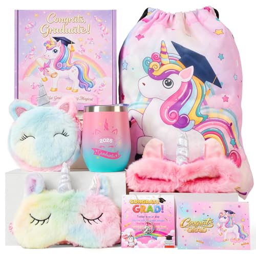 Larchio Kindergarten Preschool Graduation Gifts with Unicorn Graduation Tumbler, Sleeping Mask and Headband Graduation Greeting Cards （Pastel）