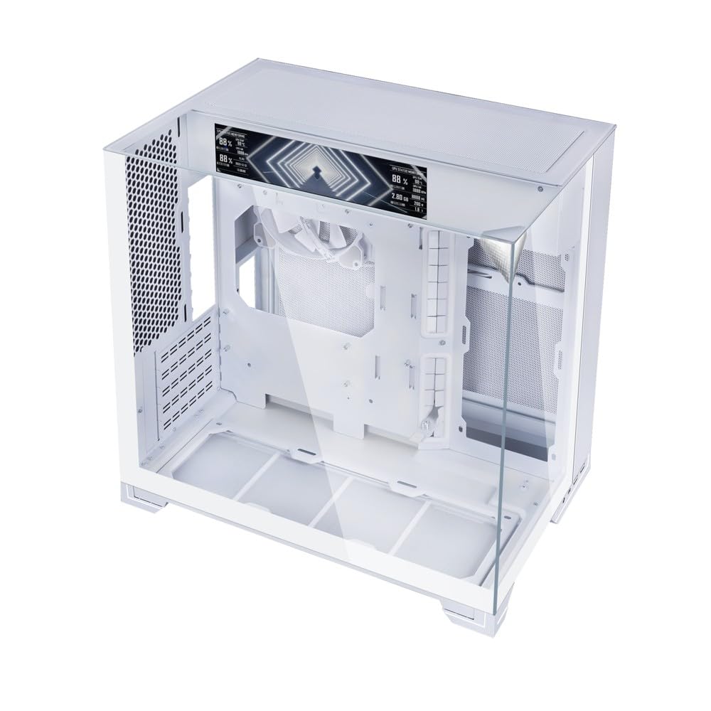 lian li o11 vision-m compact micro-atx pc case - white |panoramic 3-sided tempered glass showcase, dual chamber, 360mm radiator support, pre-installed 140mm fan, anti-sag gpu bracket - o11vmw