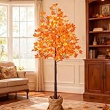 6FT Artificial Lighted Maple Tree, 120LED Warm White, Fall Tree Decorations for Indoor & Outdoor, Autumn Harvest, Orange