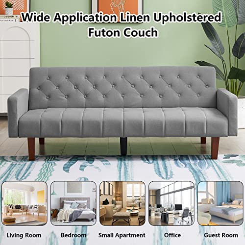 Setawix Linen Upholstered Futon Sofa Bed Modern Convertible Sleeper Sofa Couch For Living Room 74" Tufted 3 Seater Sofa Futons For Bedroom,Guest,Office,Dorm And Small Spaces (Grey) #TOP6