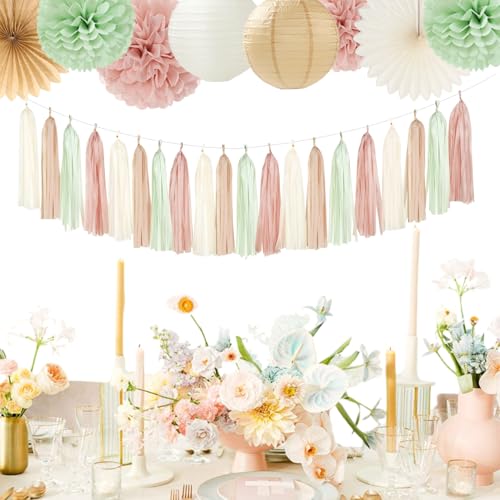 Image of Sage-Green Pink-Beige Bridal-Shower Party-Decorations - 36pcs Bride to Be Banner,Bachelorette Paper Lanterns,Neutral Wedding Streamers Garland,Boho Tissue Pom Poms Flower Fan Decor Supplies Burgleda