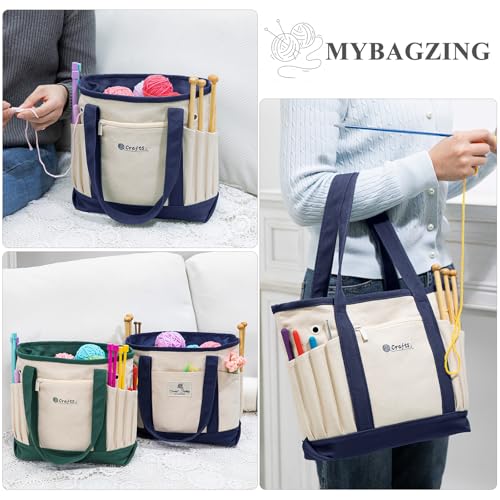 Image of MYBAGZING Canvas Yarn Storage Organizer Bag Washable Crochet Bag with Pockets for Yarn, Hooks, Needles - Travel Knitting Tote for Crafters - Gift for Crocheters & Knitters (Medium /Large)