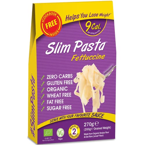 Slim Pasta - Fettucines de Konjac - 270 g - Sin Calorías ni Carbohidratos - Ideal para Dietas Keto y Low Carb - Aptos para Veganos - Elaborados con Agua Purificada, Fibra de Avena y Harina de Konjac