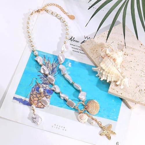 Image of Coiris Natural Seashell Choker Necklaces Earrings Jewelry Set for Women Starfish Shell Freshwater Pearl Collar Necklaces for Women Irregular Mother of Pearl Jewelry Set