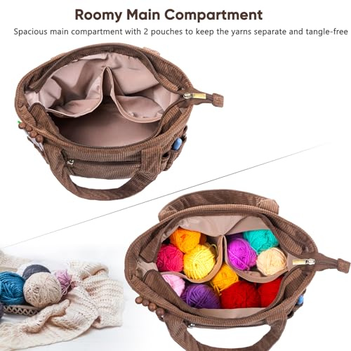 Image of MYBAGZING Corduroy Crochet Bag 11.5 inch Large Yarn Storage Tote with Grommets, Needle Holders - Knitting Bag Organizer for Crochet Hooks, Accessories, Tools & Projects -Gift for Knitters & Crafters