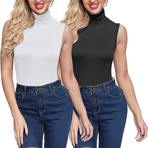 2 Pack Women Turtleneck Tops Sleeveless Mock High Neck Stretchy Layer T Shirts (Black and White, L)