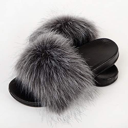 Image of MH Bailment Womens Furry Fluffy Slippers Faux Fur House Slippers Open Toe Fuzzy Slides Soft Flat Slip On Sandals for Indoor Outdoor