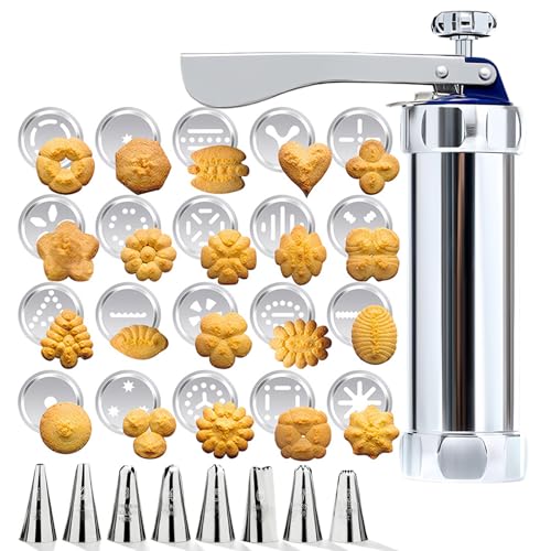 Pressa per biscotti in acciaio inox, 28 pezzi, macchina per biscotti fatta in casa, macchina per biscotti in lega di alluminio, macchina per biscotti argento, pressa per fai da te, cucina familiare