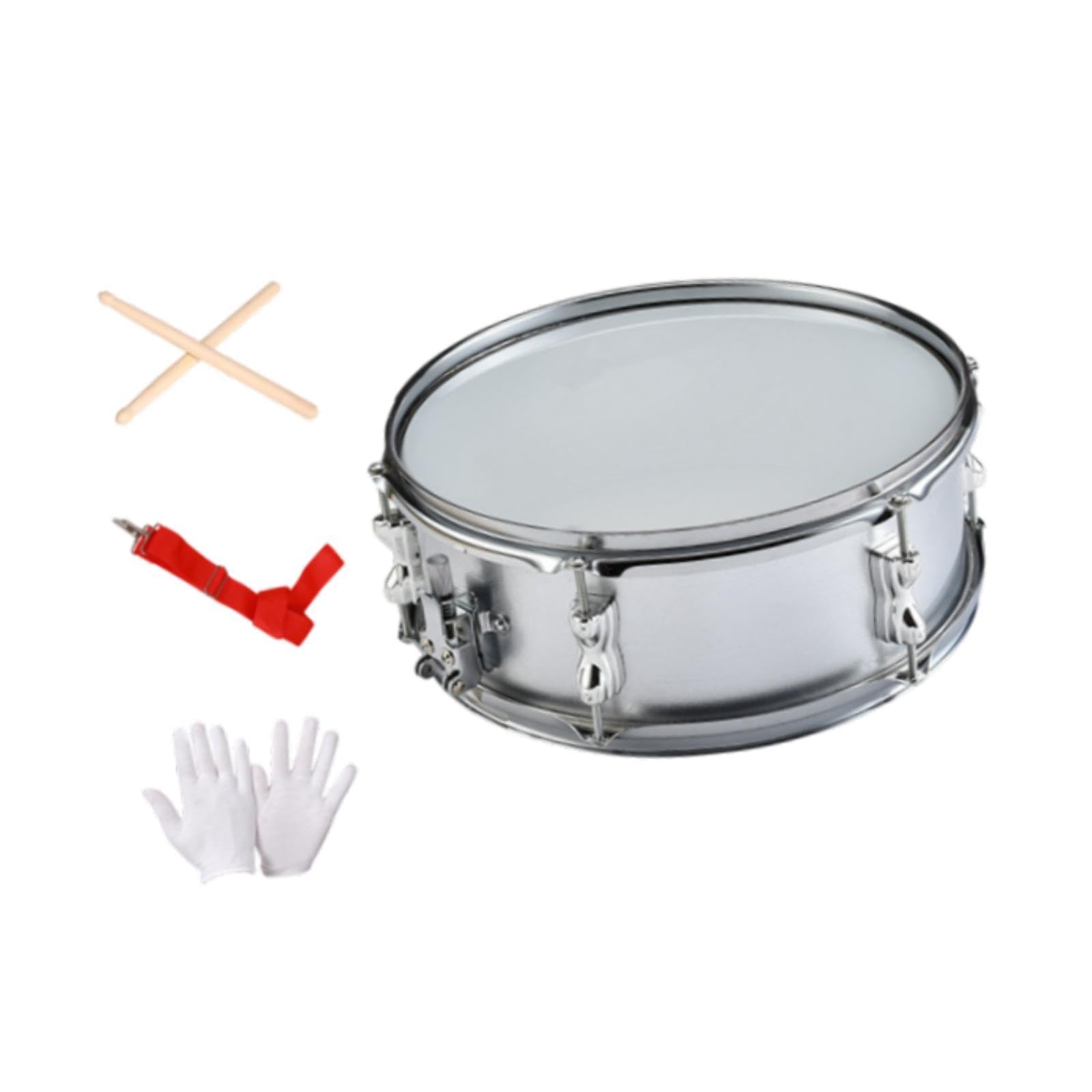 Generic Snare Drum de Percusión para Estudiantes Incluye Tambor Correa Ajustable Baquetas Y Guantes Fabricados en Acero Inoxidable Y Poliéster Adecuado para F, Silver 14 Inch