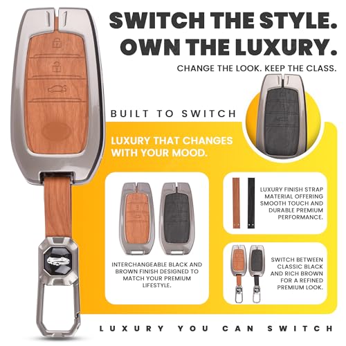 Image of Car Key Cover Compatible with Toyota withtuner | withtuner Legender | Innova Hycross | Invicto 3-Button Smart Key (Dual Leather Metal (Black & Brown))