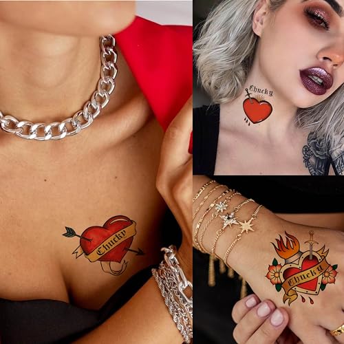 Image of GOROMON 16 PCS Bride of Chucky Tattoo Heart, Halloween Temporary Tattoos Stickers For Women Men, Fake Halloween Makeup Kit Party Favor Supplies Chucky Heart Tattoos Costume Accessories
