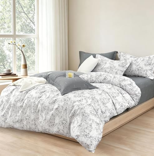 ALEISSEL White & Gray Artistic Butterfly Cotton Duvet Cover King Size 3PC