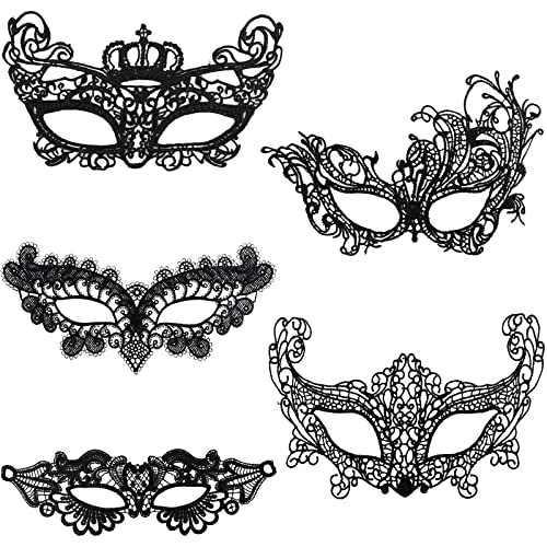 Fowecelt Venezianische Maske Damen Maskenball: 5 Stück Maskenball Maske Damen, Augenmaske Sexy Maske Spitze Schwarz Masquerade Mask Women für Karneval Party Kostüm Ball Cover