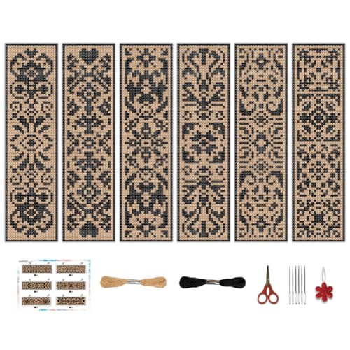 Image of BEUNITONE 6 Pcs Cross Stitch Bookmark Kit DIY Vintage Decorative Border Counted Cross Stitch Stamped Kits for Adults Beginners with Instructions Embroidery Bookmark Kit for Book Lovers 2.4x7.9 in