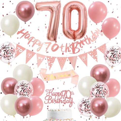 70th Birthday Decorations Retro Pink Rose Gold - Double Digits 70 Party Supplies Set for Women & Girls birthday Banner Pennant Flags Cake Topper Balloon Assortment (70th Pink Birthday Set)
