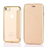 YUYIB スマホケース対応 iPhone SE3 ケース iPhone SE2 ケース 第2世代 iPhone8 ケース iPhone7 ケース 手帳型 クリア 背面 高級なPUレザー 薄型 透明 衝撃吸収 ブランド シンプル カード収納 蓋の閉開のマグネット無し (iPhone 8/Se3/Se2/7,ゴールド)