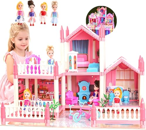 Dream Doll House for Girls with Lights Mat Dolls & Furniture - Imaginative Dollhouse Playset DIY Pretend Play Toy Gift for Kids Ages 3-8