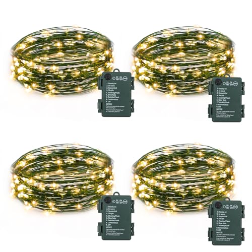 4 Pack Fairy Lights Battery Operated, 16.4 Ft 50 LED Starry Fairy Lights with Auto Timer Dark Green Copper Wire Twinkle Lights for Wedding Bedroom Christmas Decor (Warm White)