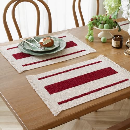 Image of HomeCloud Croshia Woven Table placemat - Heat Resistant, Washable Table Decoration for Dining, Office, Kitchen, Hotel, and Home (Rec White Maroon, Set of 2)