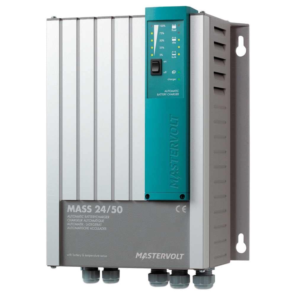 תקריב view of the Mastervolt Mass 24/50-2 battery charger's connection panel, showing communication ports, DIP switches, and power terminals.