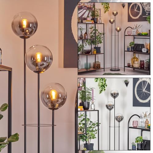 HOFSTEIN Lampadaire Gastor en métal/verre noir/fumé/transparent, lampe moderne au design rétro/vintage (abat-jour Ø 15 cm), interrupteur à pied, 150 cm,...