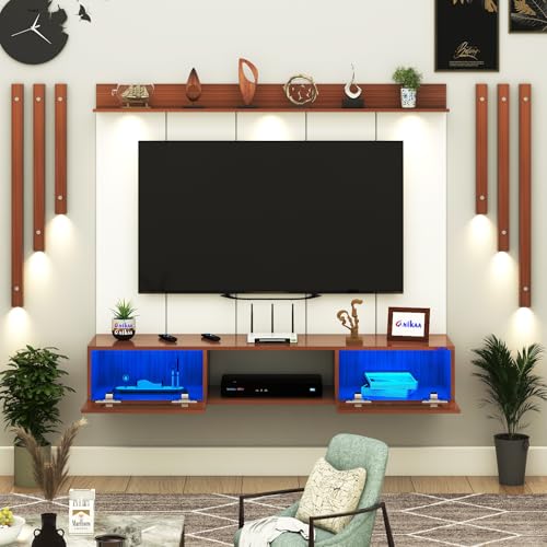 Image of Anikaa OriloPro Engineered Wood Wall Mount TV Unit with PVC Back Panel, Acrylic Blue LED Storage Box, Side Wooden Accent Spot Light Panels I Deal for Up to 50 Inch TV (Walnut - DIY Installation)