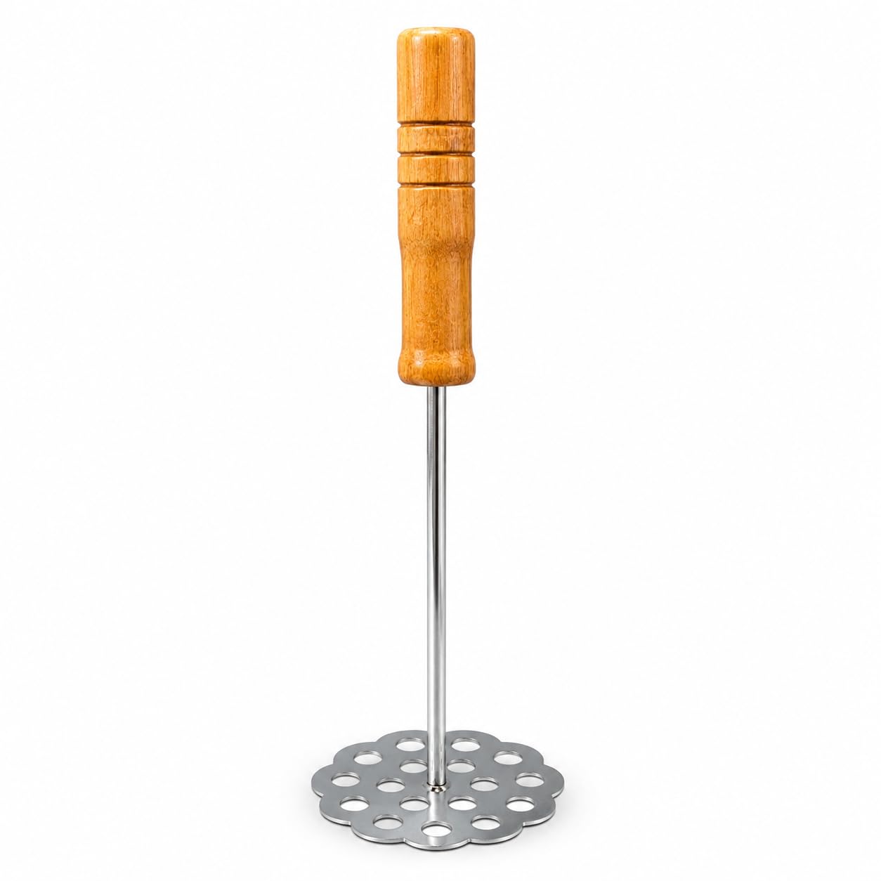 Stainless Steel Potato Masher with Wooden Handle | Heavy Duty Vegetable and Potato Masher | Ideal for pav bhaji, baby food, fruits and vegetables | Kitchen Utility Tool | Pack of 1 (Flower Shape)