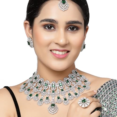 Image of ZENEME Rhodium-Plated American Diamond Studded Tasselled Necklace With Earrings Ring & MaangTikka Jewellery Set For Girls and Women