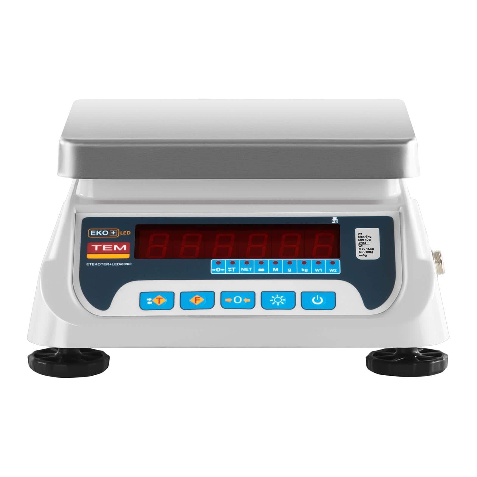 TEM Tischwaage Marktwaage Kontrollwaage digitale Waage TEKO+LED15T-PLS-B1 (kalibriert, geeicht, 6 kg/15 kg, 2g/5 g, LED-Display, Akku bis 40 h Betrieb, versch. Funktionen)