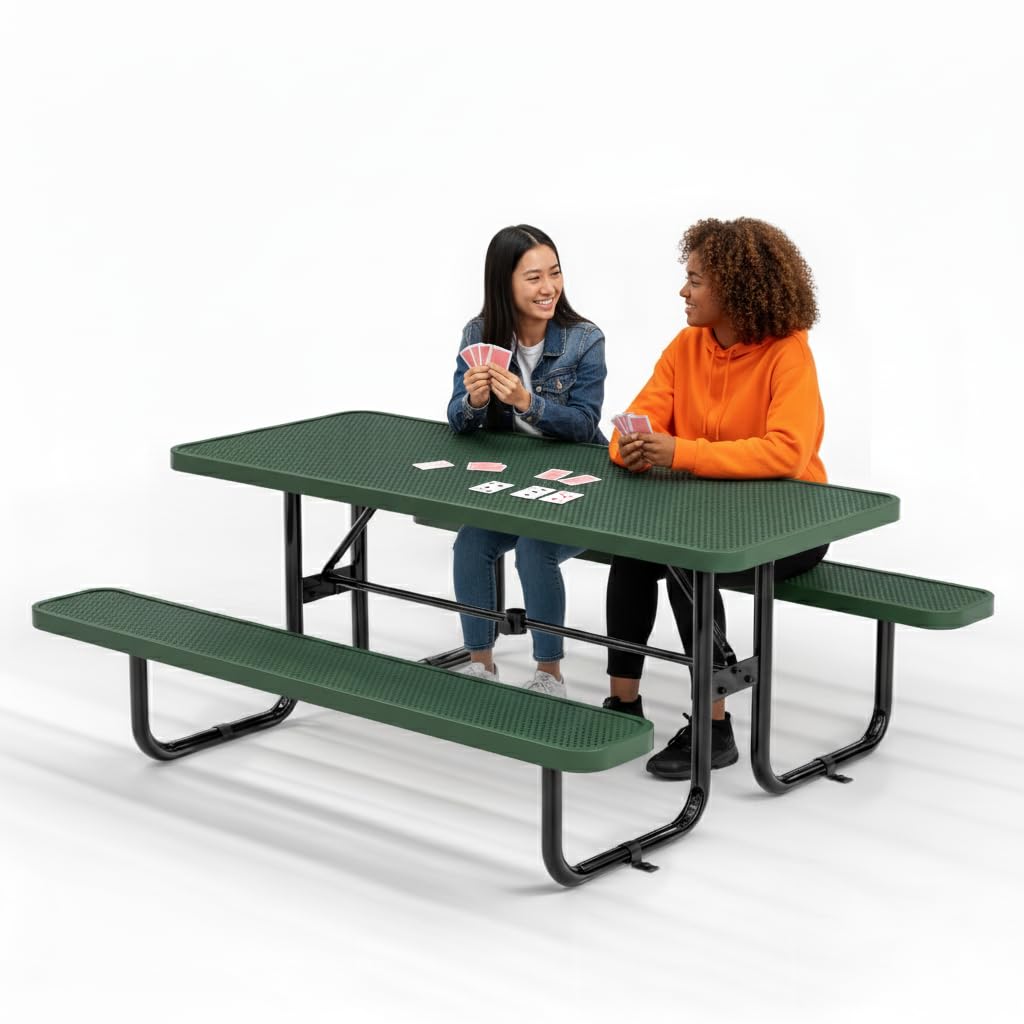 Commercial Heavy-Duty Metal Picnic Table - ADA Compliant, Adjustable Seats, Umbrella Hole (Green, 6' Rectangular, Punched Steel)