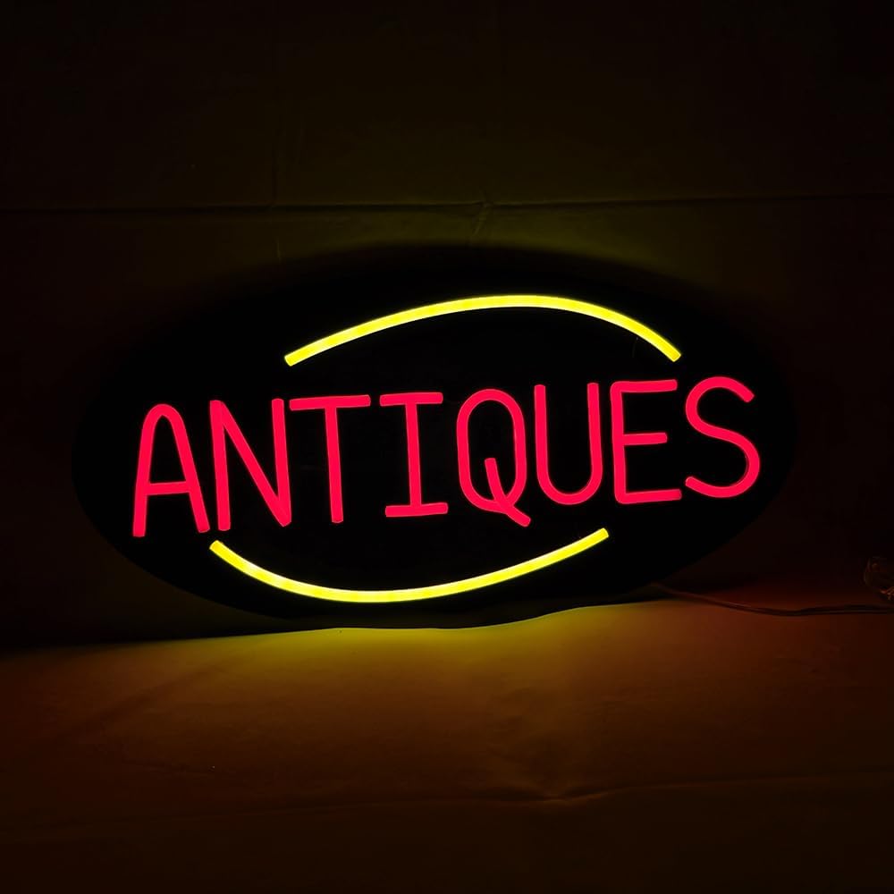 LED Antiques Neon Sign, 20"x10", Business Signboards for Antique Store, Pure Black Acrylic Backsplash, Easy Installation, Energy-saving, Suitable for Hanging on Store Wall Window
