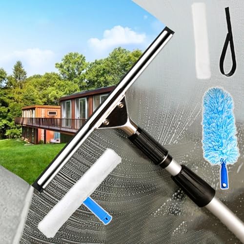 Rasqueta Limpiacristales Kit Profesional de Escobilla de Goma para Lavar Ventanas, Kit de Limpiador y Plumero para Ventanas Doméstico con Poste de Extensión, Herramientas de Limpieza de Vidrios para V
