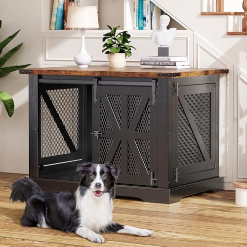 VOPEAK 40' Farmhouse Dog Crate Furniture, Heavy Duty Dog Cage for Medium Large Dogs, Wood Dog Crate Dog Kennel Indoor with Double Doors, Chew Resistant End Table for Bedroom Living Room, Black