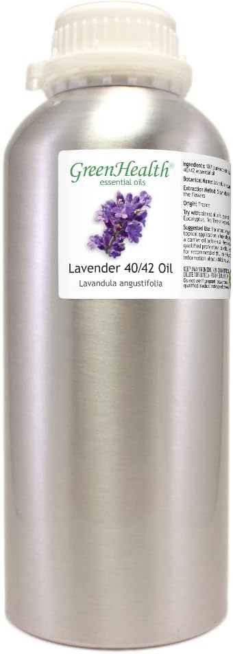 Lavender 40-42 – 32 fl oz (946 ml) Aluminum Bottle w/Plug Cap – 100% Pure Essential Oil – GreenHealth