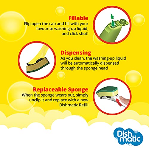Dishmatic Vorteilspack-Set – 1 x nachfüllbarer Spülmittel-Spendergriff mit 6 austauschbaren Allzweck-Schwammköpfen – antibakterieller Küchenspülgriff mit Easy-Grip-Griff