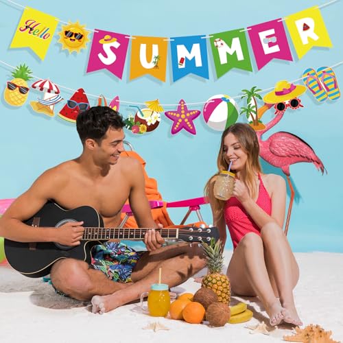 Image of Hello Summer Banner Beach Patterns Colorful Summer Pool Party Bunting Garland Banner Hanging Beach Decor for Kids Holiday Birthday Party Decorations Indoor Outdoor Home Office School Classroom