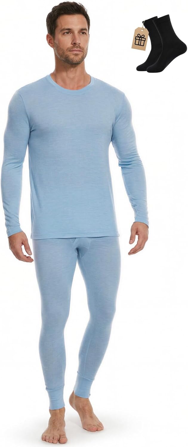 MERINNOVATION Merino Wool Base Layer Set for Men 100% Merino Wool Pajamas Set Thermal Sleep PJS Lite - Midweight Top, Bottom