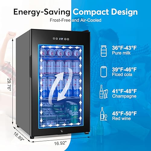 Image of Beverage Refrigerator 17 inch Wide - 126 Can Beverage Cooler with Glass Door | Counter-Top /Freestanding Mini Beverage Beer Fridge | Temperature Memory | Invisible Door | Perfect for Soda,Beer