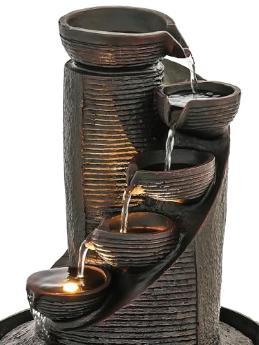 Image of CHRONIKLE Polyresin Black Designer Table Top Indoor 5 Artistic Steps Waterfall Fountain with Yellow LED Lights & Water Flow Controller Pump (Size: 41 x 25 x 25 CM | Weight: 1980 Gram | Color: Black)